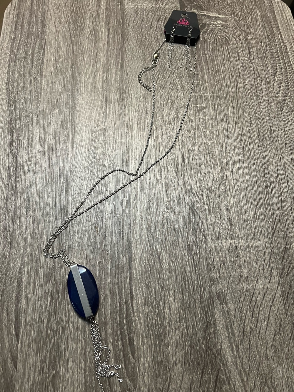 Paparazzi Silver Navy Teardrop Dangle Earrings and Necklace Set